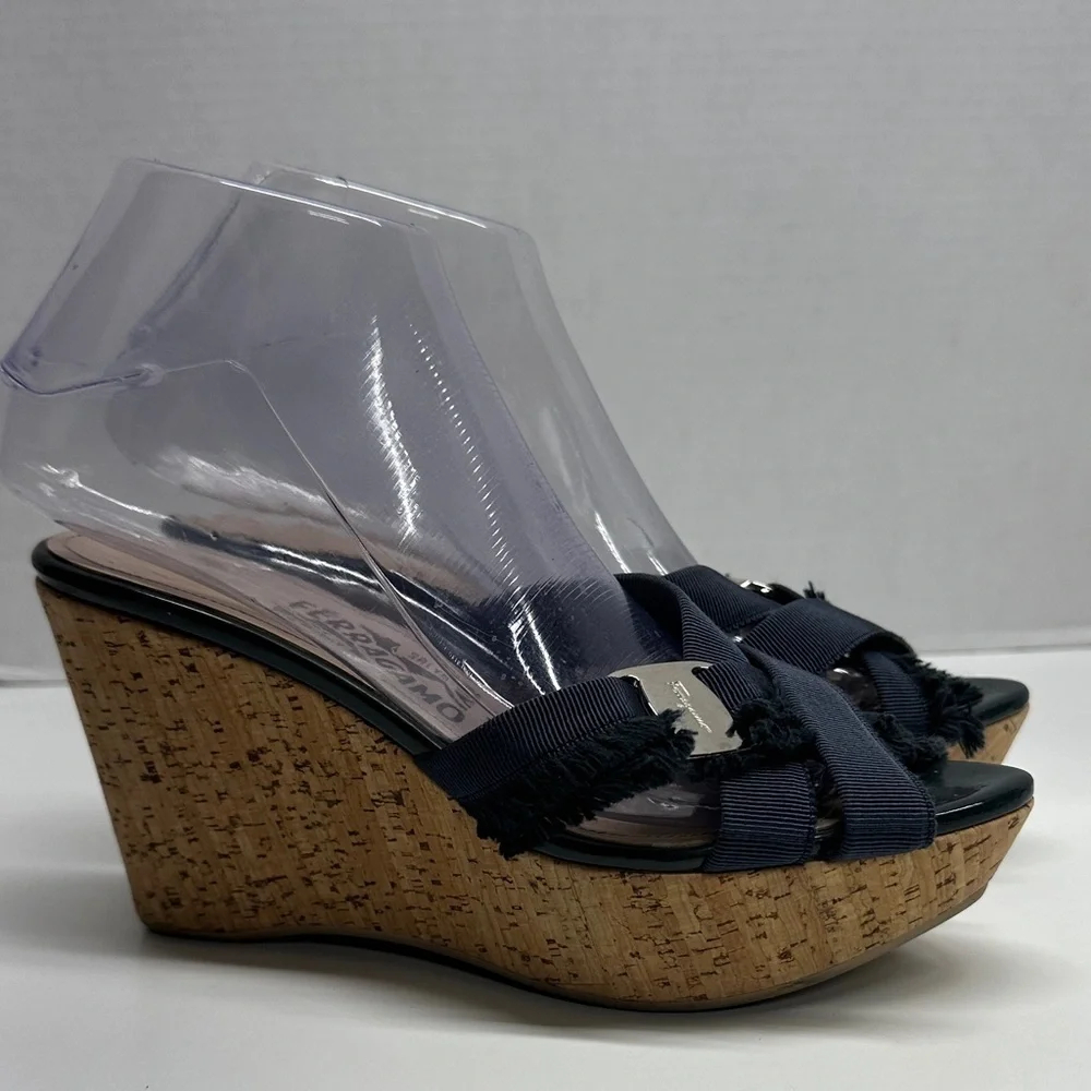 Salvatore Ferragamo Wedges High Heeled Sandals Shoes Frayed Ribbon Blue 6.5